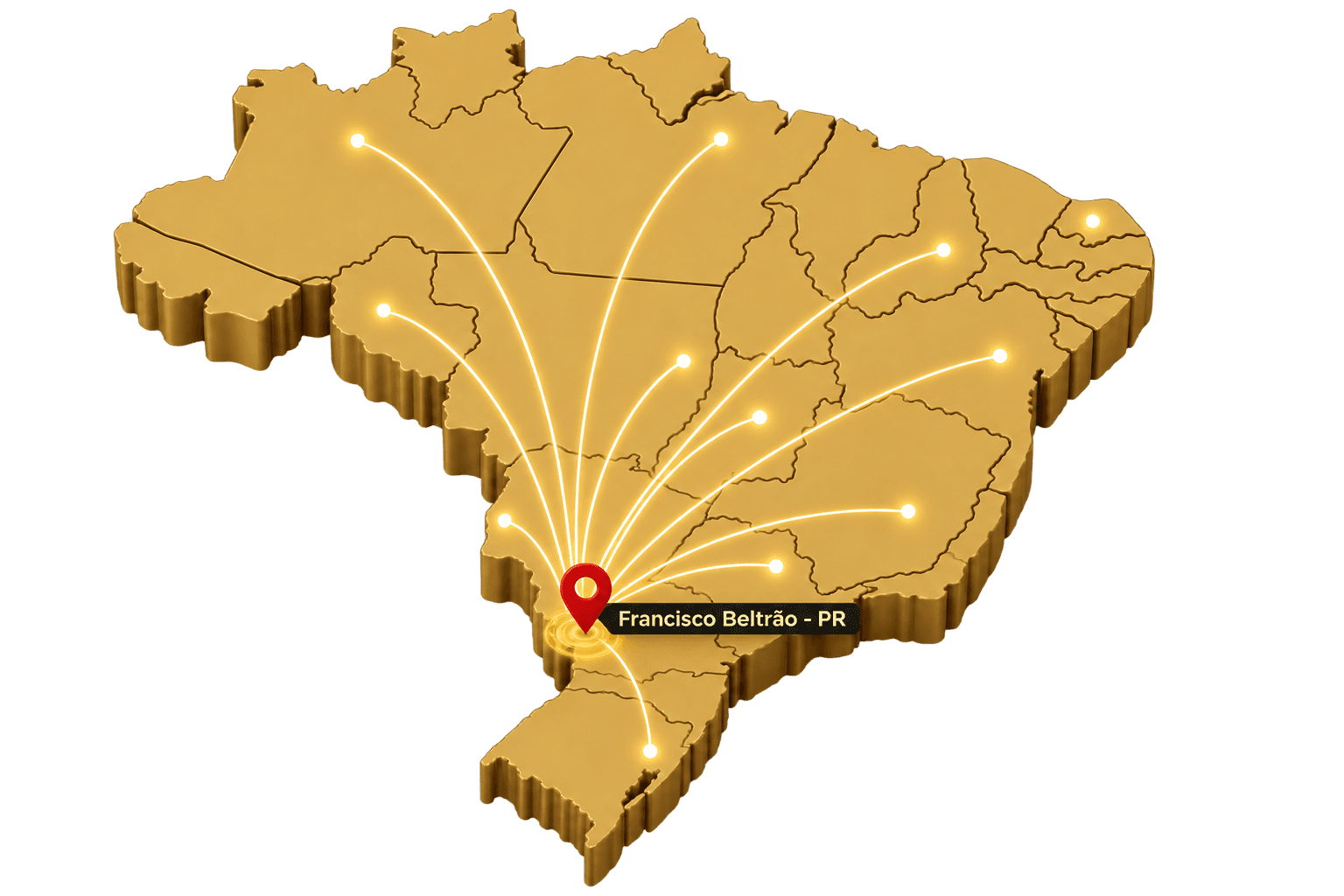 Mapa de abrangência nacional da MRG — sede em Francisco Beltrão, Paraná, com atuação em todo o Brasil